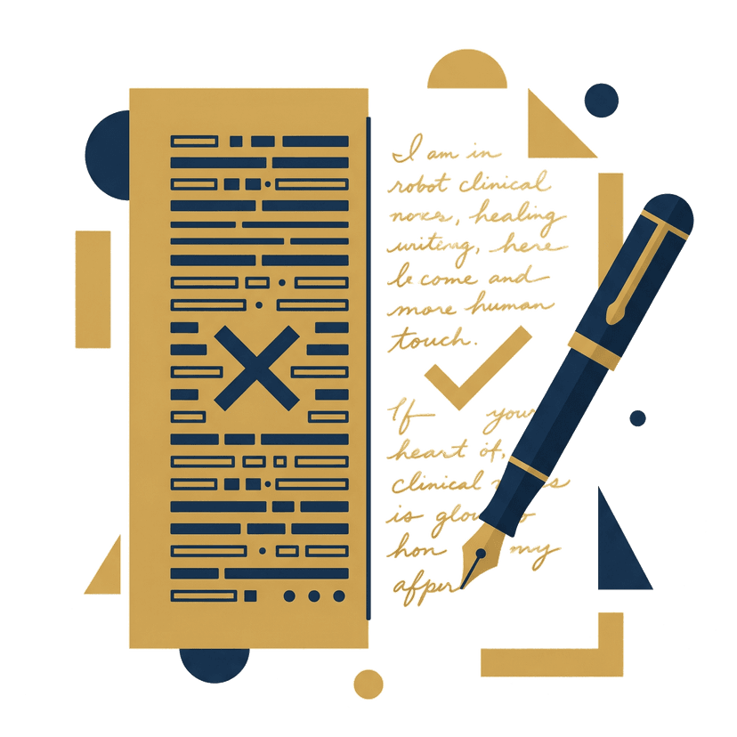 Split document showing rejected robotic text versus approved personalised handwriting with fountain pen