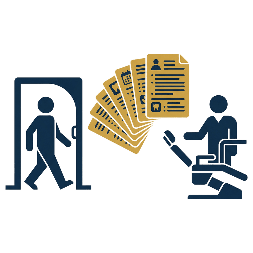 Patient walking through door while clinical records flow to dentist at chair