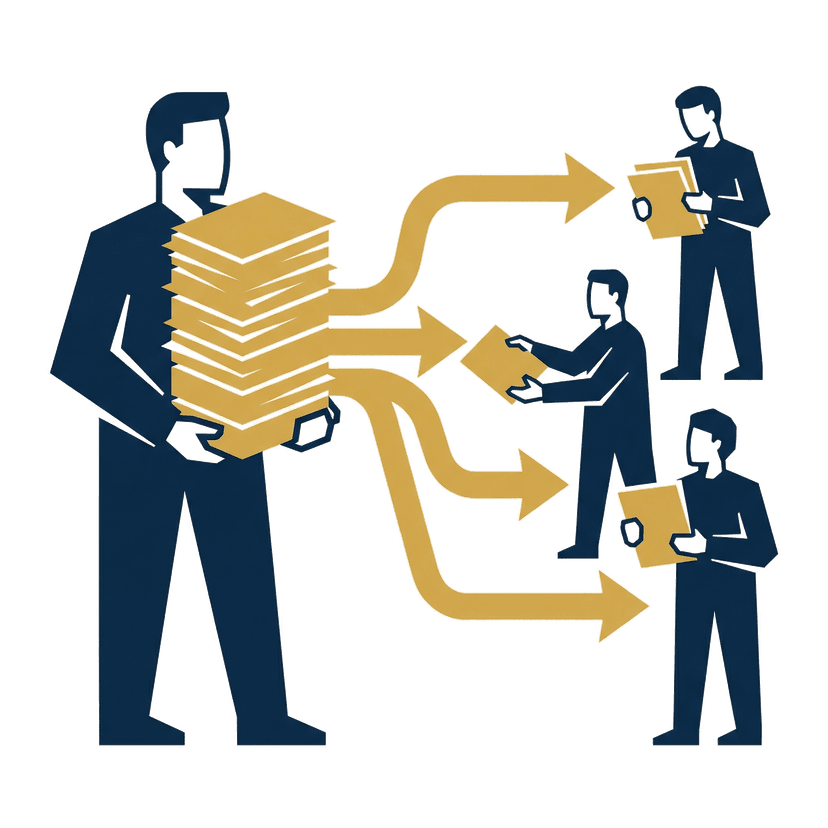 Practice owner distributing patient documents to three team members via branching arrows