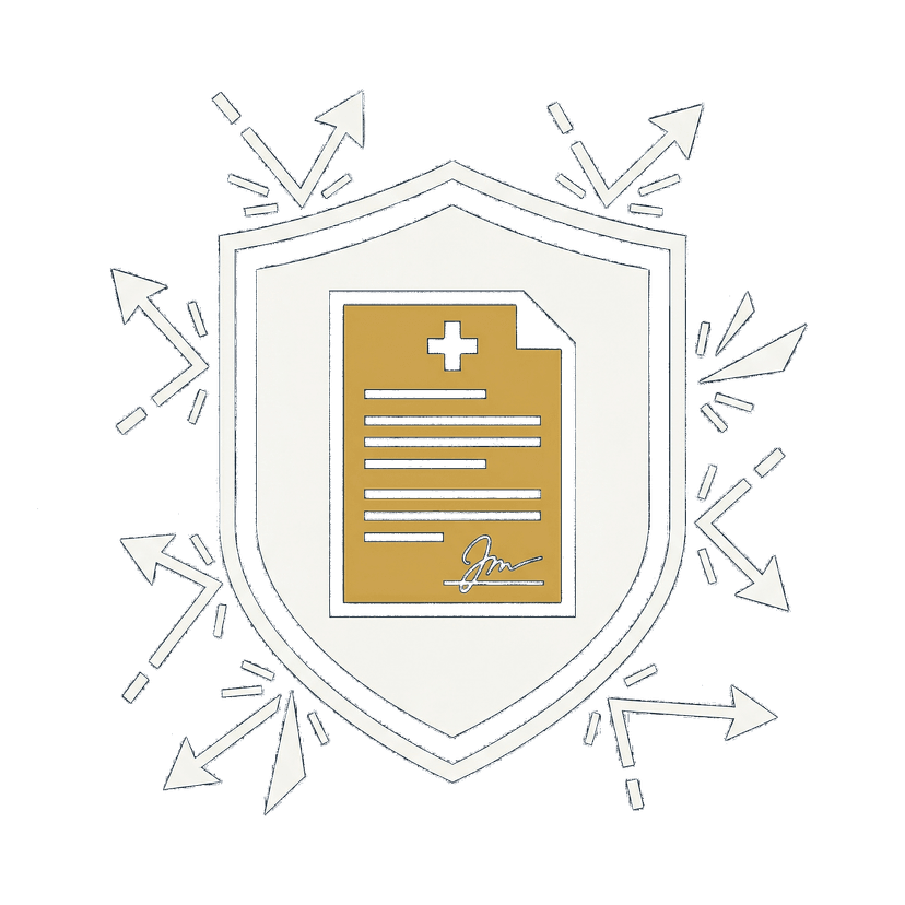 Shield protecting a clinical document with arrows deflecting from all directions