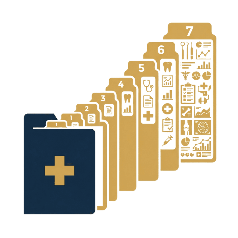 Patient folder with seven numbered tabs showing progressively richer clinical detail
