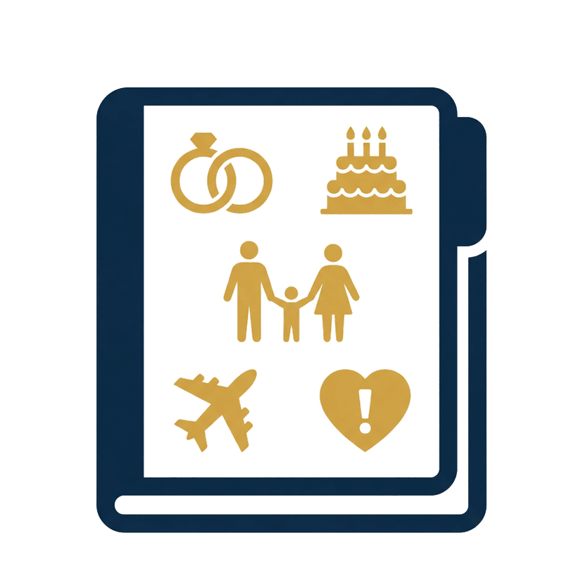 Patient folder containing personal life icons — wedding rings, birthday cake, family, travel, concerns