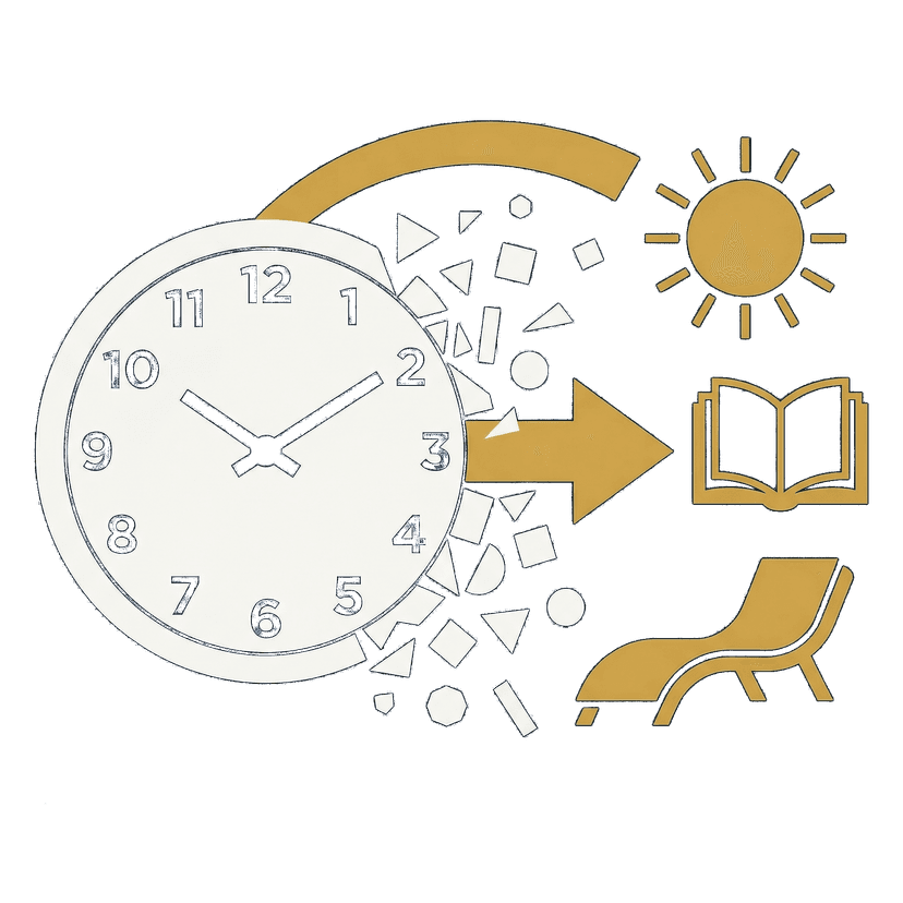 Clock dissolving into sunshine, a book, and relaxation — time freed from documentation